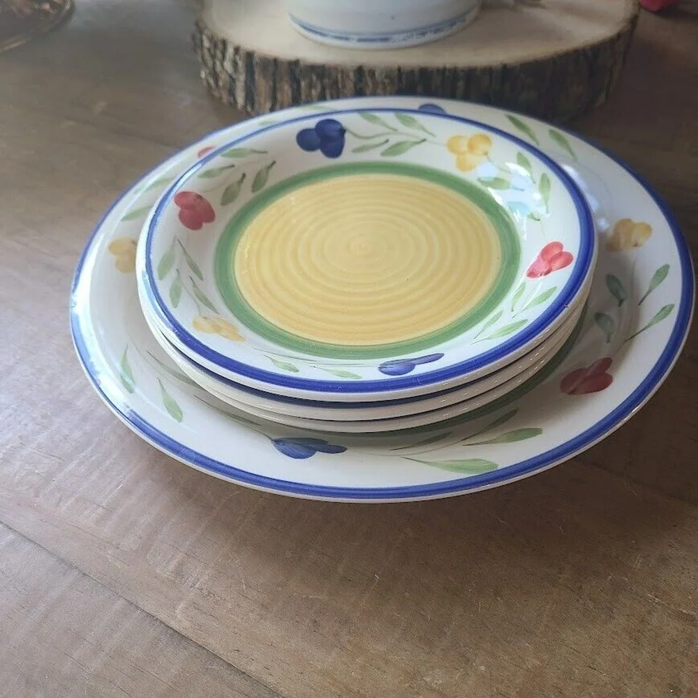 Pier 1 122 Hand‎ Painted Stoneware Salad Dinner Plates Floral Set Of 4